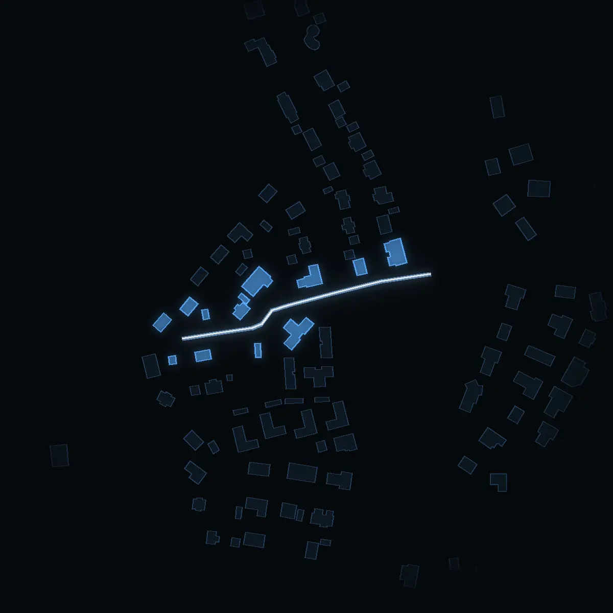 The street at night: Boklidsvägen drawn in white, its buildings lit in the colour of their area’s income