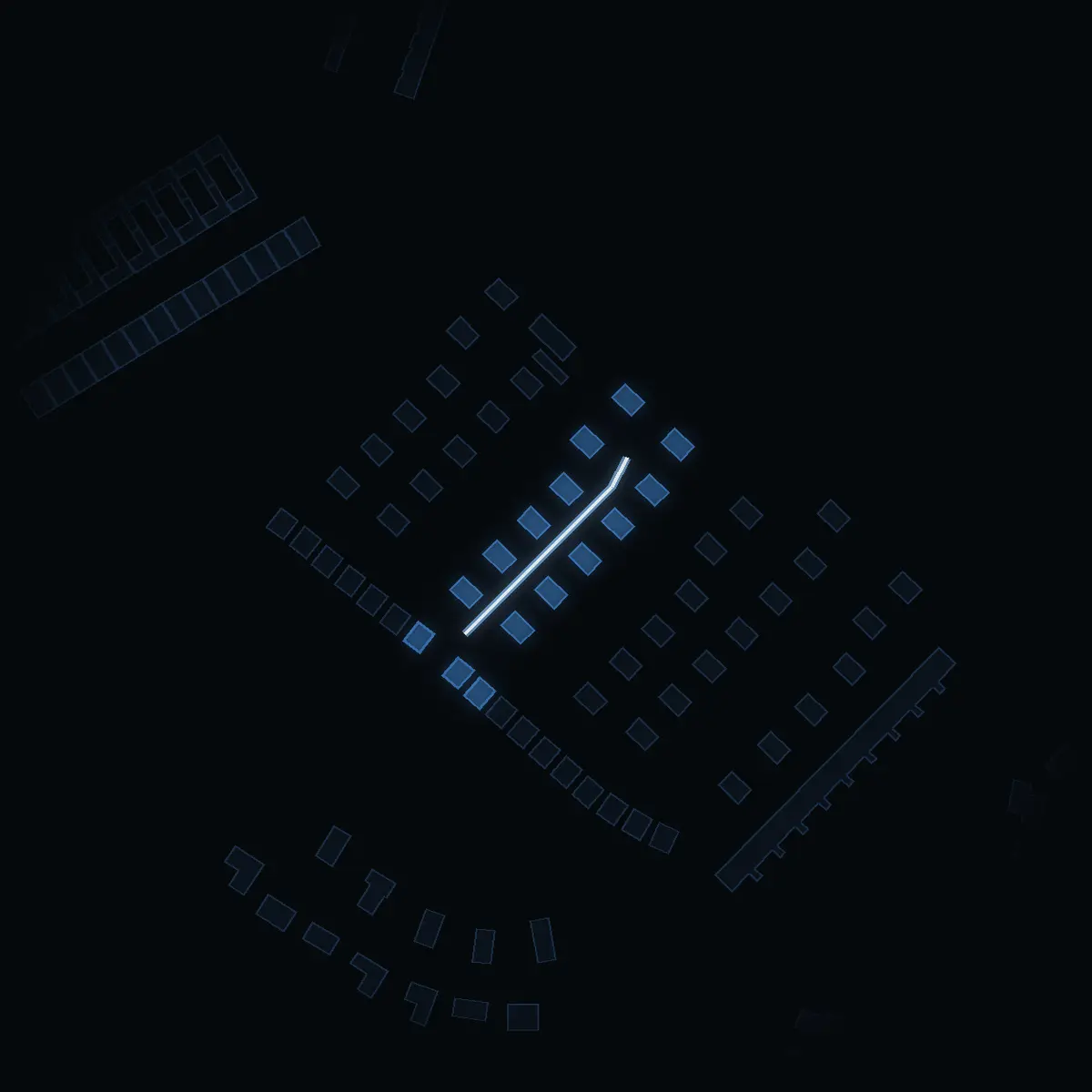 The street at night: Brännbollsvägen drawn in white, its buildings lit in the colour of their area’s income