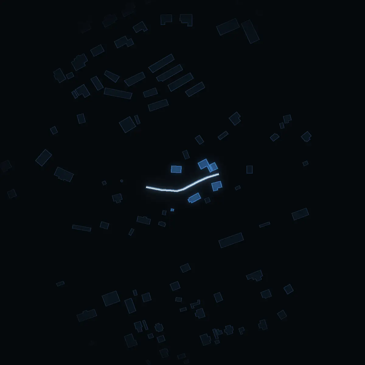 The street at night: Brinkvägen (Mölnbo tätort) drawn in white, its buildings lit in the colour of their area’s income