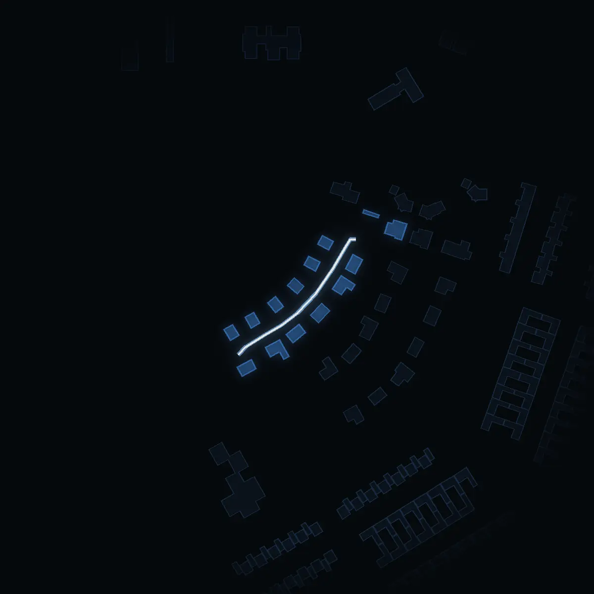 The street at night: Curlingvägen drawn in white, its buildings lit in the colour of their area’s income
