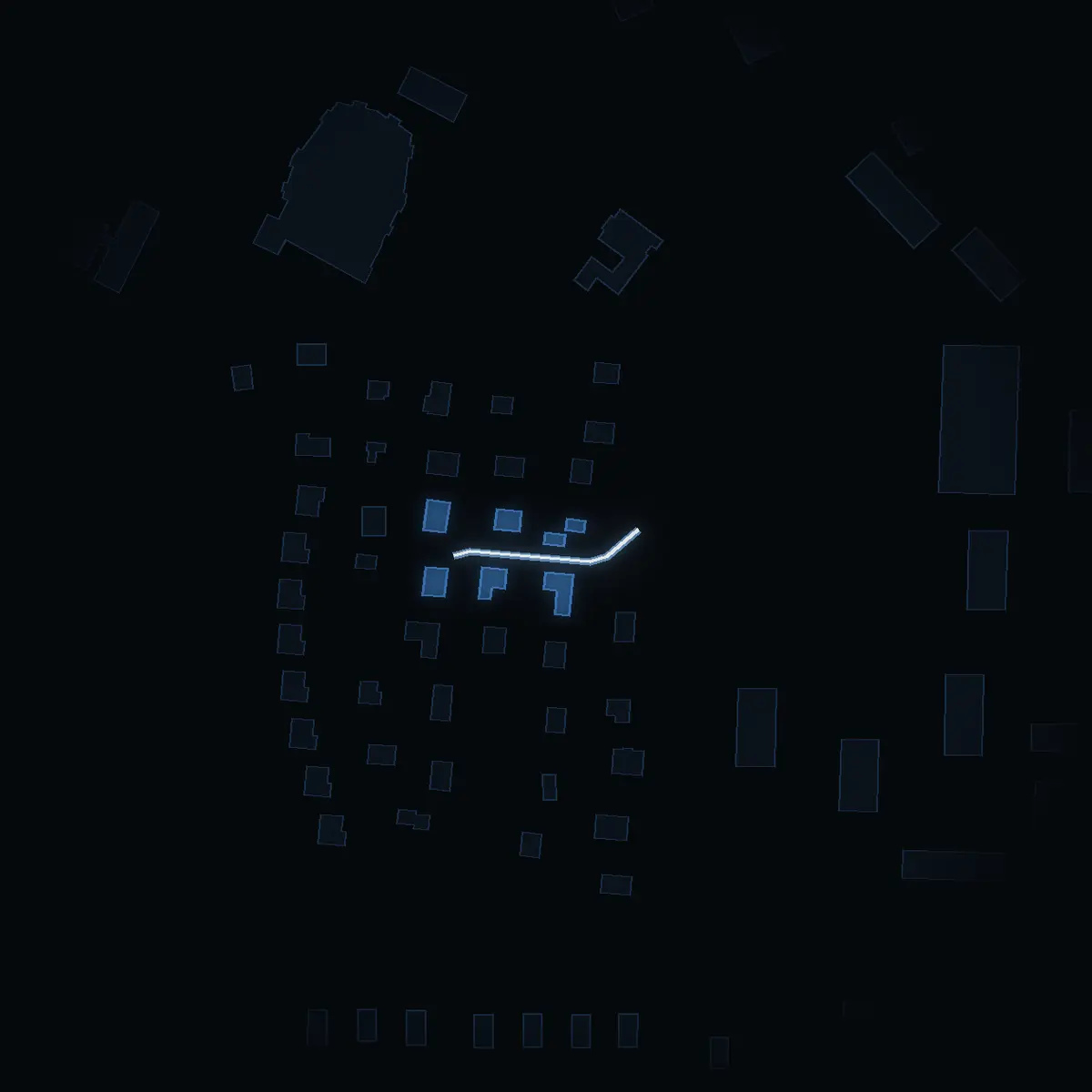 The street at night: Dalängsvägen drawn in white, its buildings lit in the colour of their area’s income