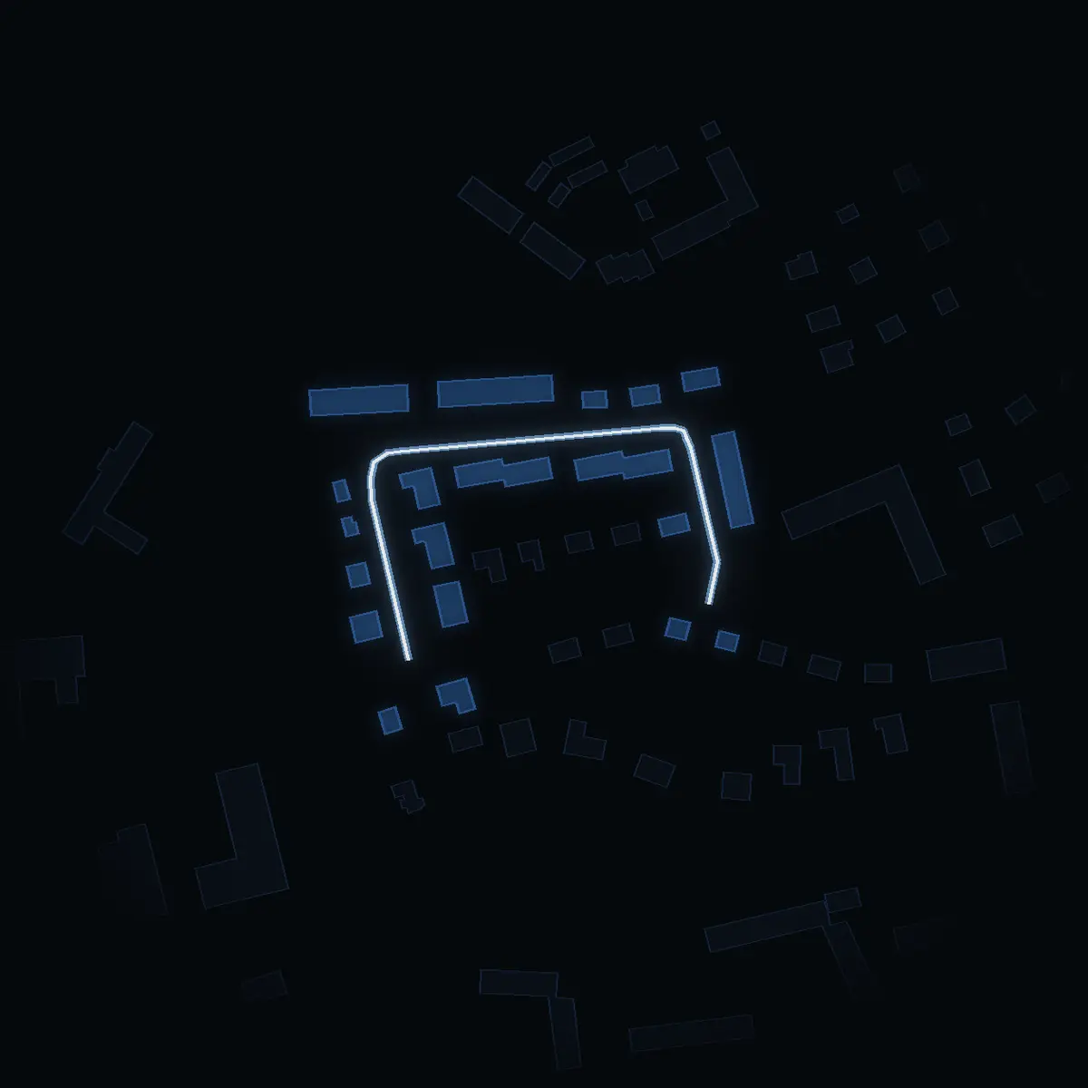 The street at night: Dalhagavägen drawn in white, its buildings lit in the colour of their area’s income