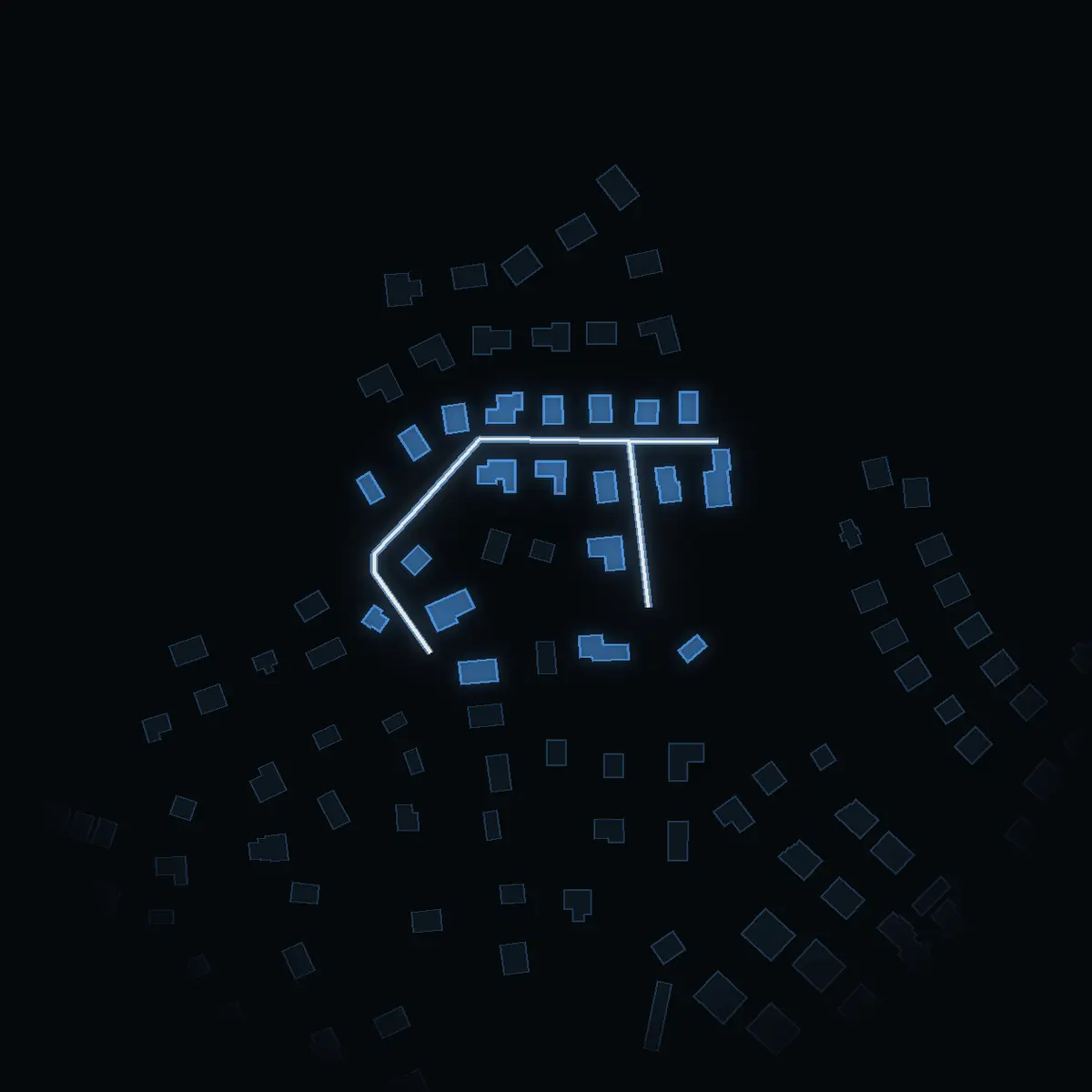 The street at night: Danielsvägen drawn in white, its buildings lit in the colour of their area’s income