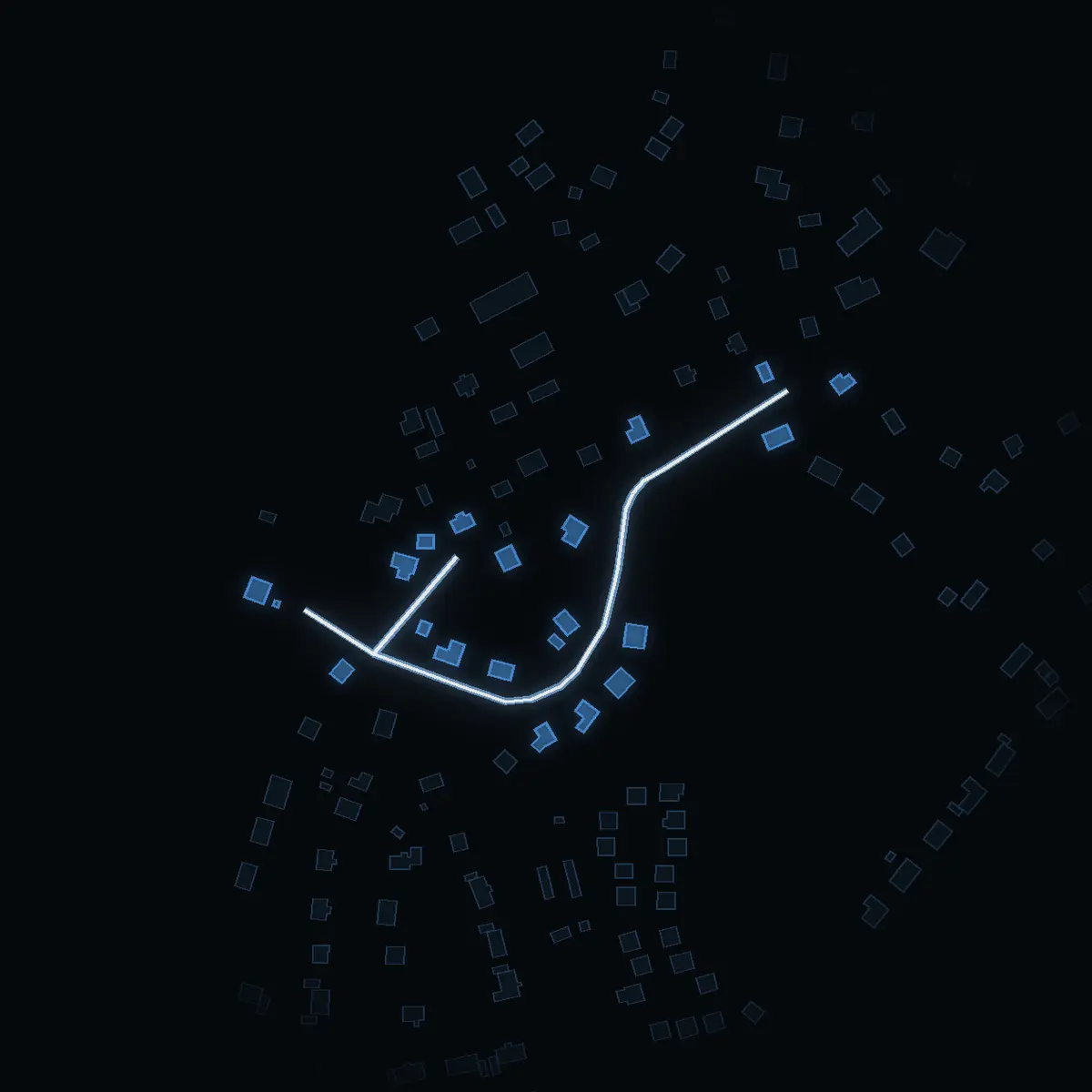 The street at night: Domarringsvägen drawn in white, its buildings lit in the colour of their area’s income