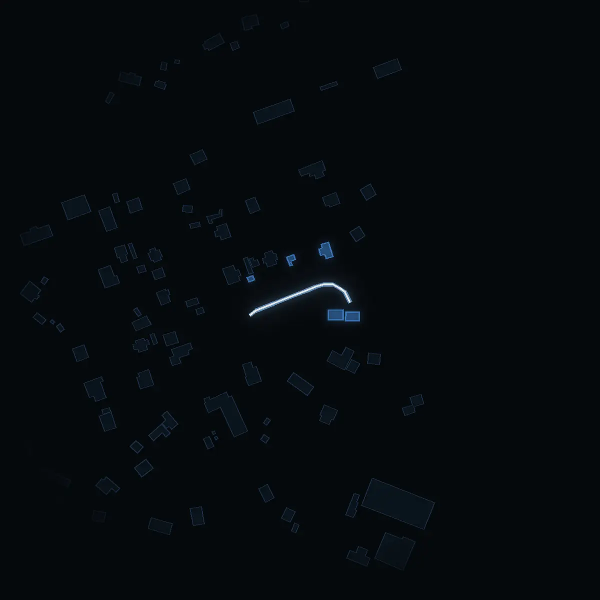 The street at night: Dvärgvägen (Mölnbo tätort) drawn in white, its buildings lit in the colour of their area’s income