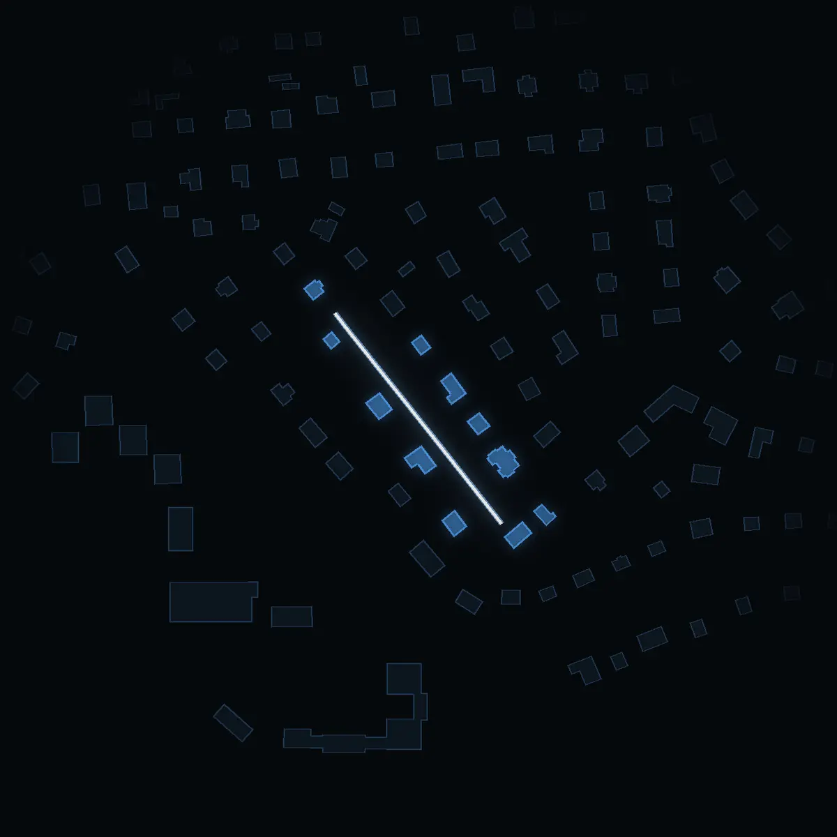 The street at night: Dvärgvägen drawn in white, its buildings lit in the colour of their area’s income
