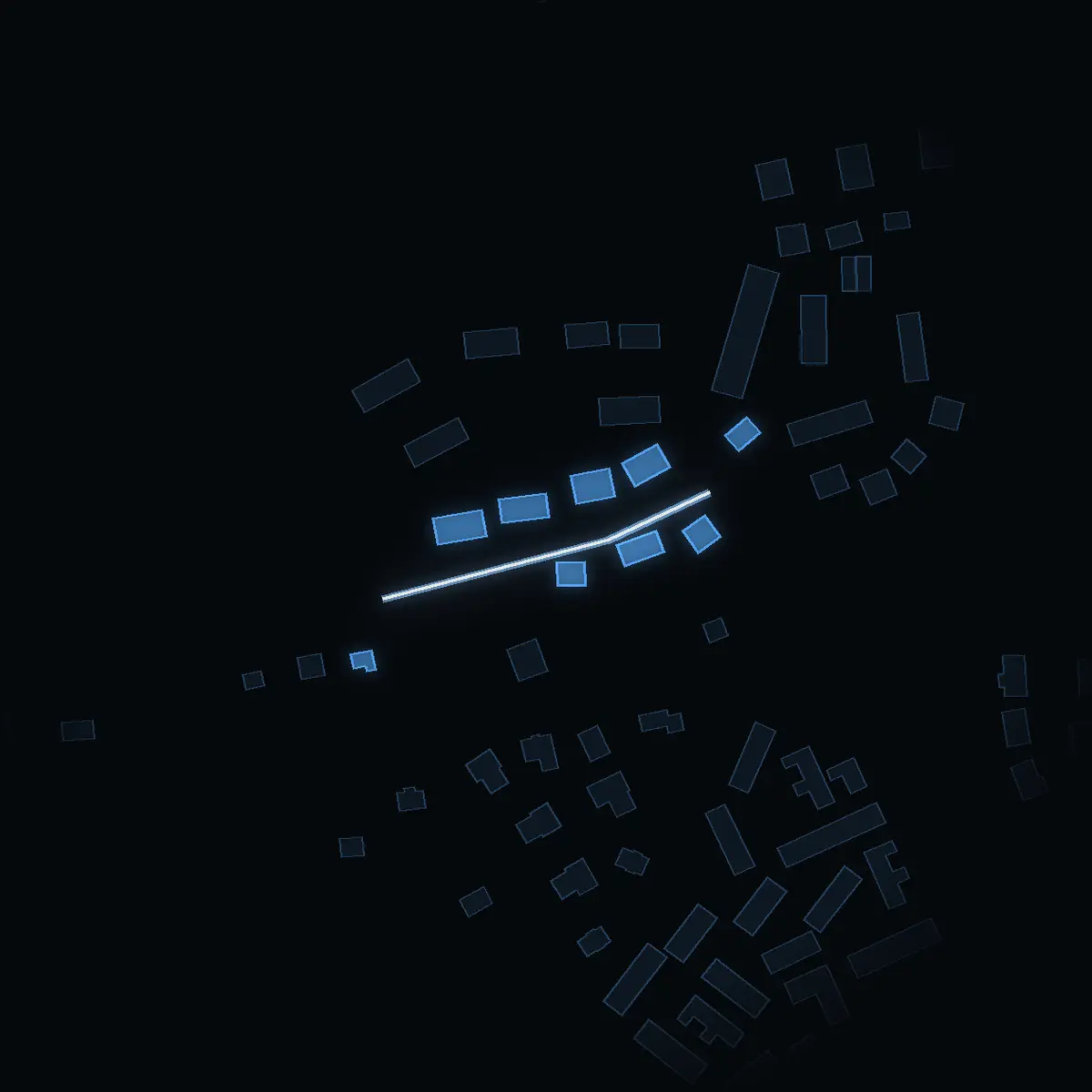 The street at night: Eklövsvägen drawn in white, its buildings lit in the colour of their area’s income