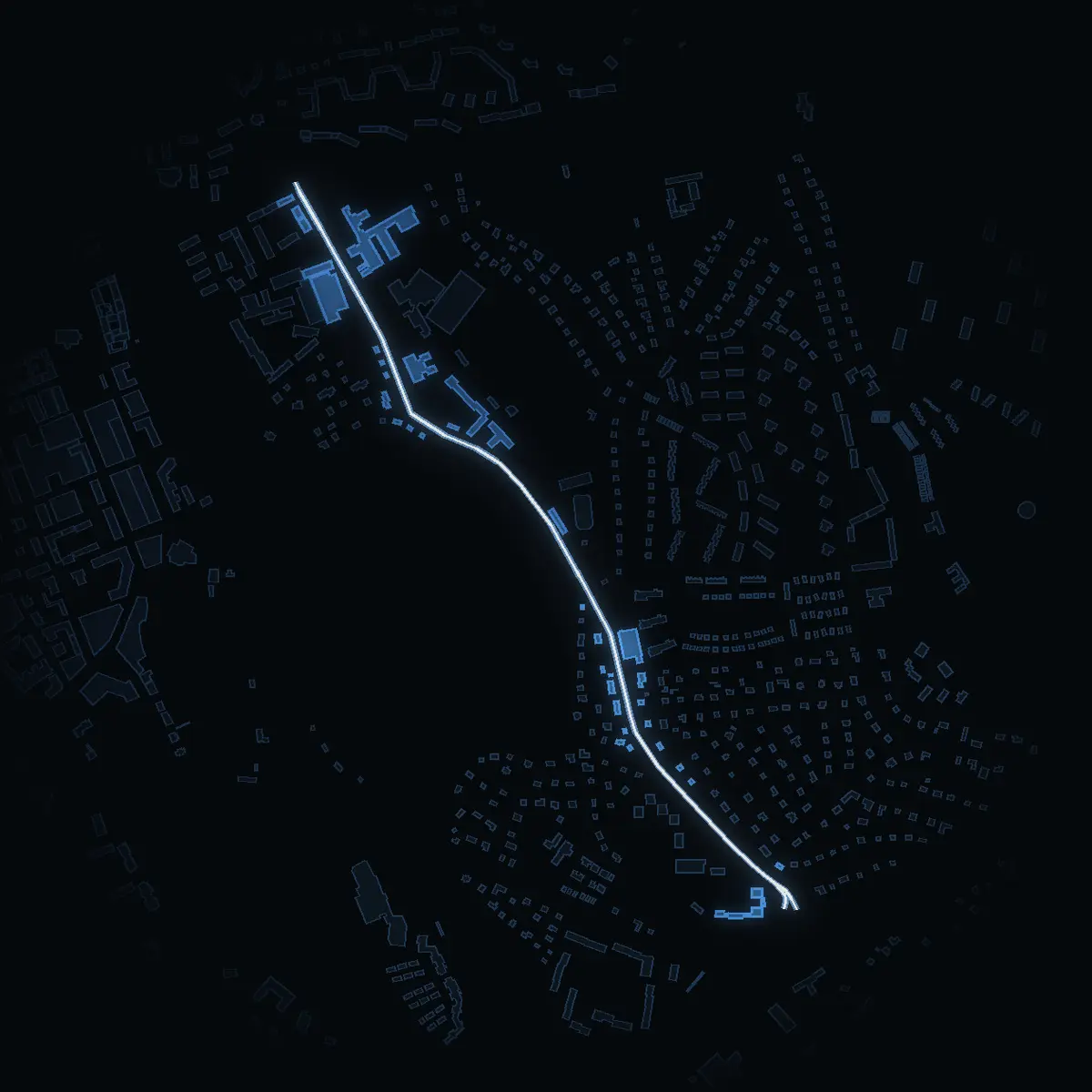 The street at night: Erik Dahlbergs väg drawn in white, its buildings lit in the colour of their area’s income
