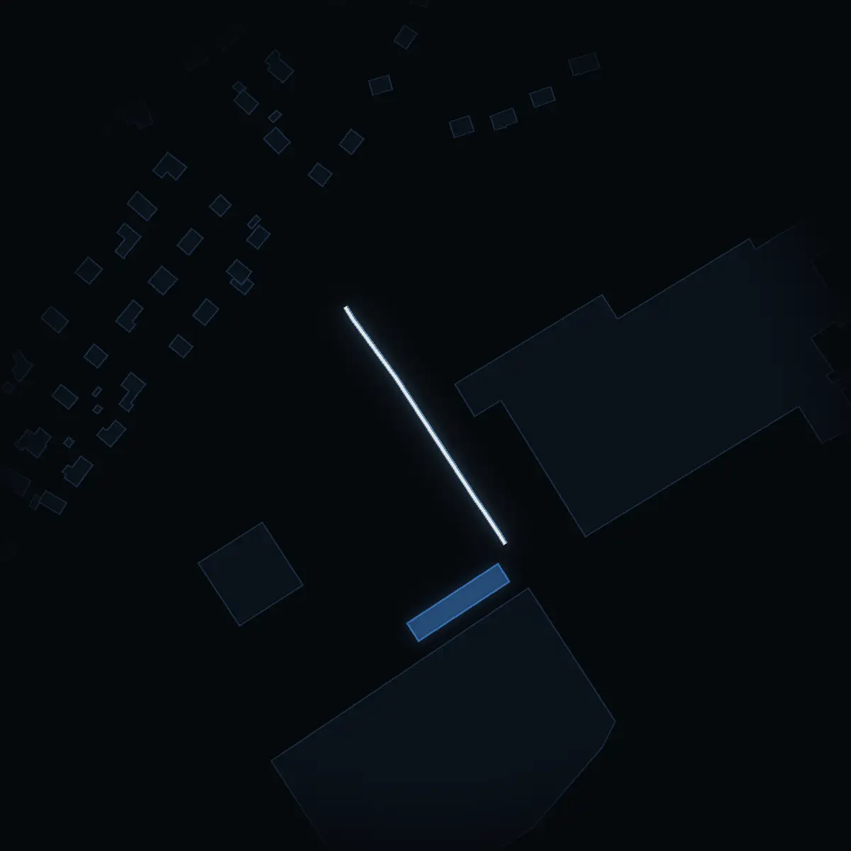 The street at night: Fläktvägen drawn in white, its buildings lit in the colour of their area’s income