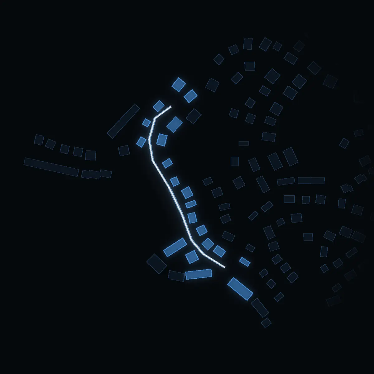 The street at night: Flugfiskegatan drawn in white, its buildings lit in the colour of their area’s income