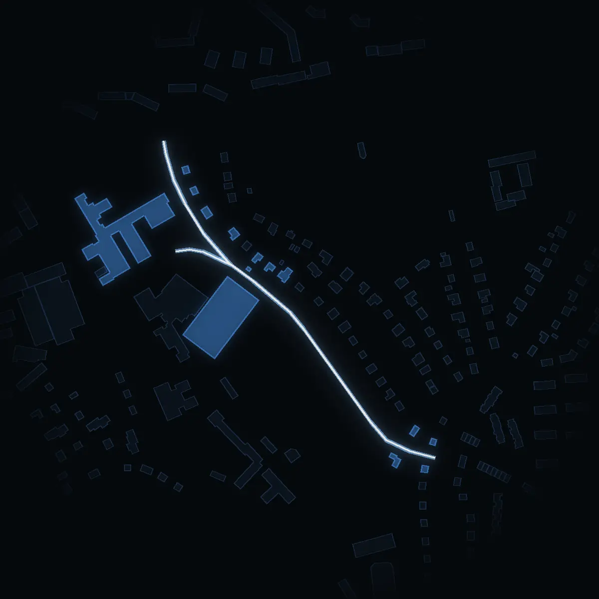The street at night: Fogdetorpsvägen drawn in white, its buildings lit in the colour of their area’s income