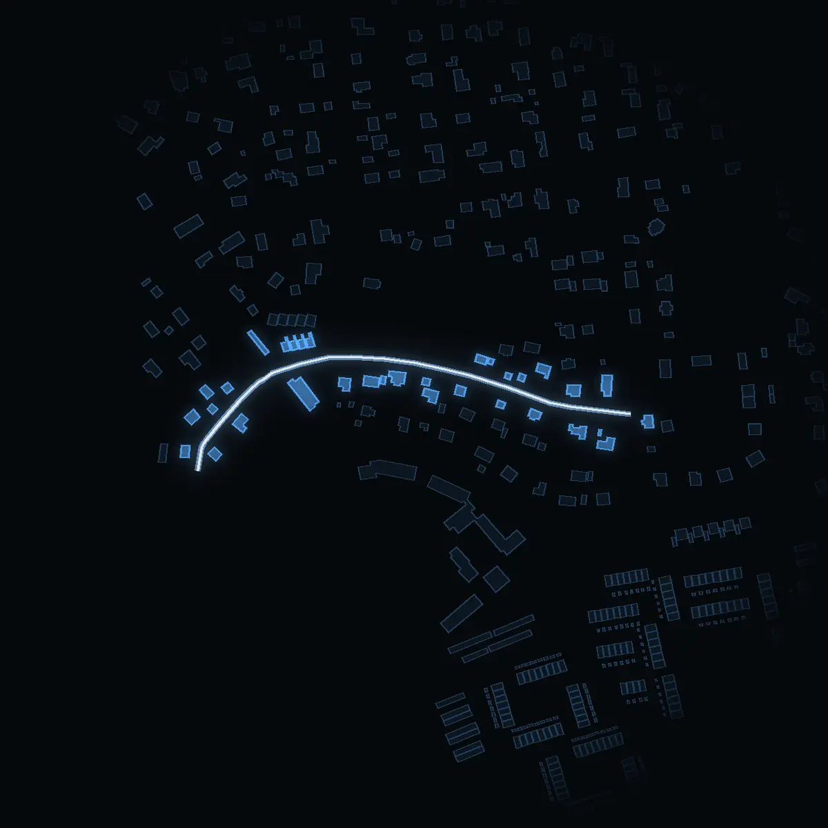 The street at night: Föreningsvägen drawn in white, its buildings lit in the colour of their area’s income