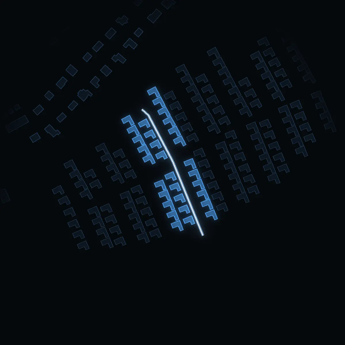 The street at night: Fuxvägen drawn in white, its buildings lit in the colour of their area’s income
