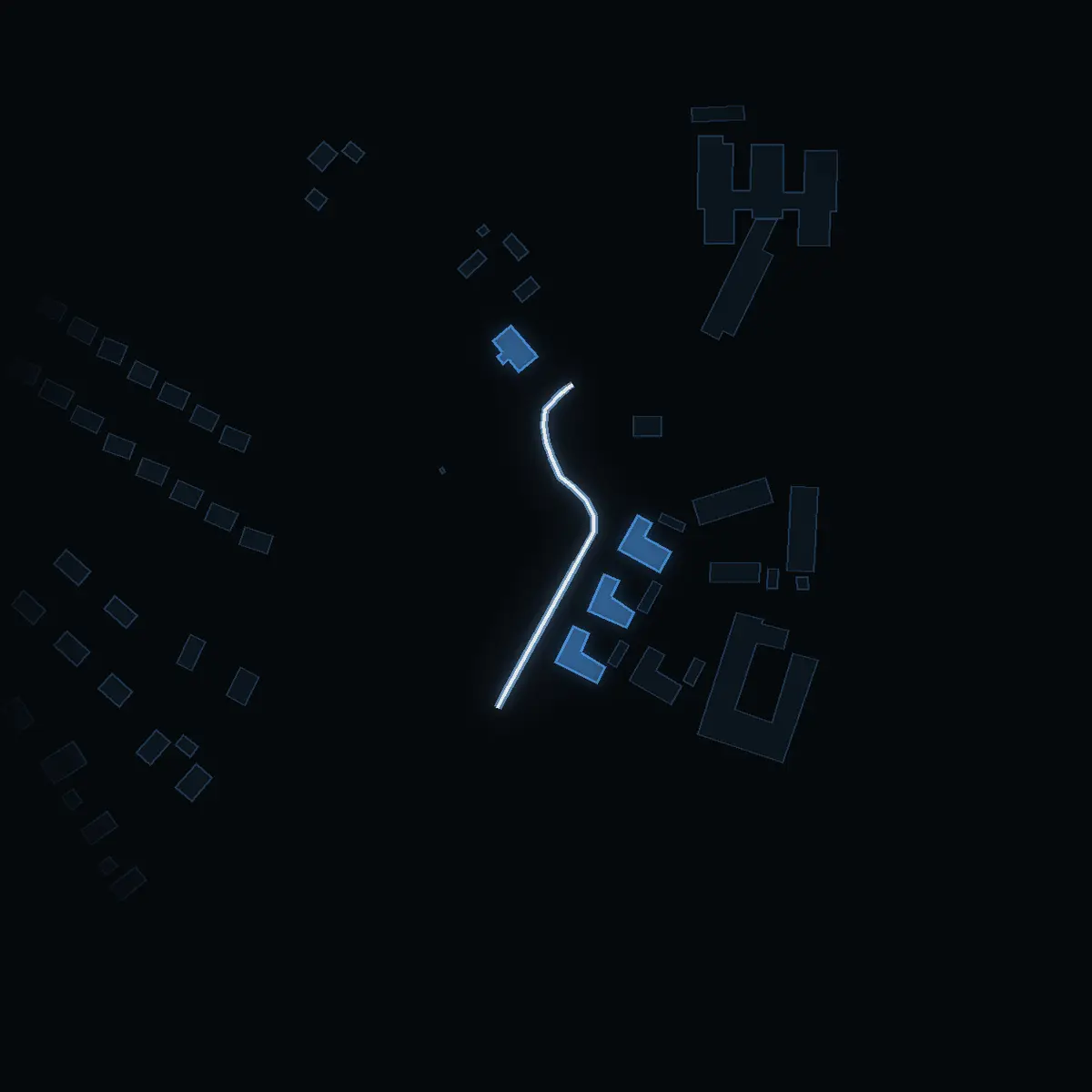 The street at night: Gammelgårdsvägen drawn in white, its buildings lit in the colour of their area’s income