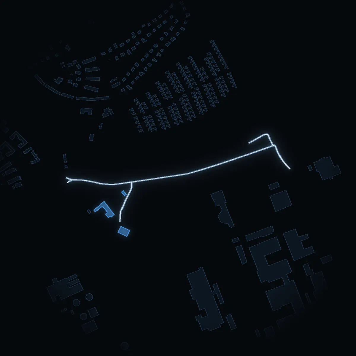 The street at night: Gärtunavägen drawn in white, its buildings lit in the colour of their area’s income