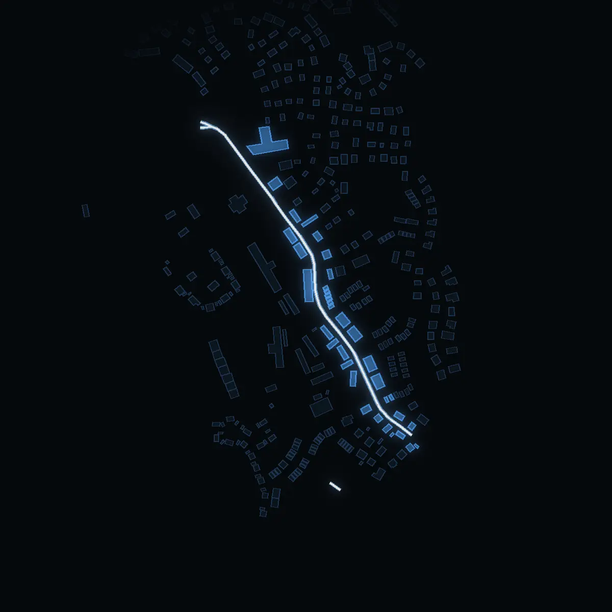 The street at night: Glasbygatan drawn in white, its buildings lit in the colour of their area’s income