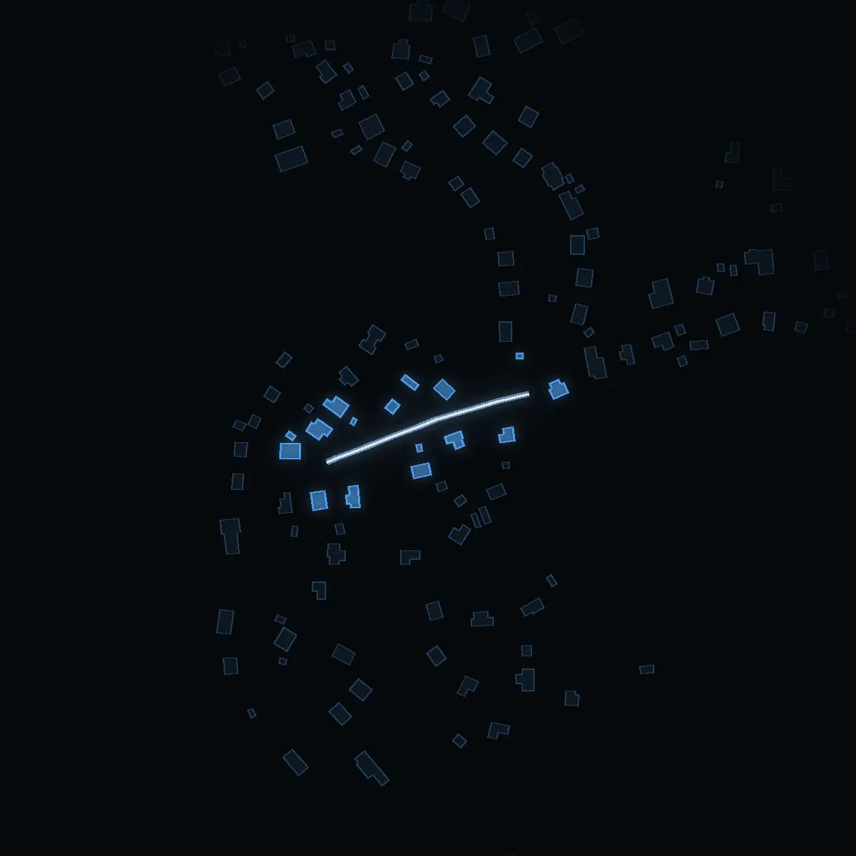 The street at night: Grävlingvägen drawn in white, its buildings lit in the colour of their area’s income