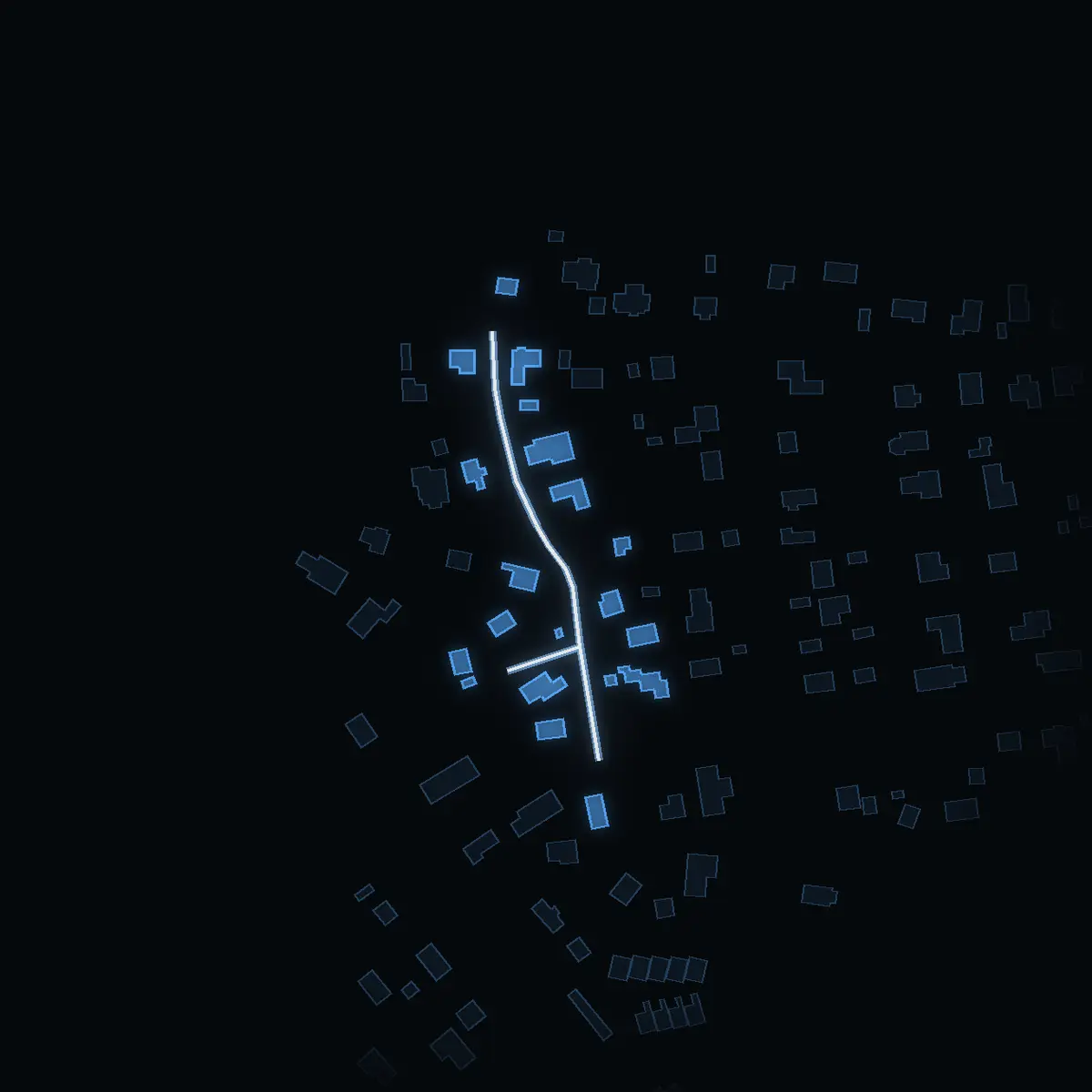 The street at night: Hagelins väg drawn in white, its buildings lit in the colour of their area’s income