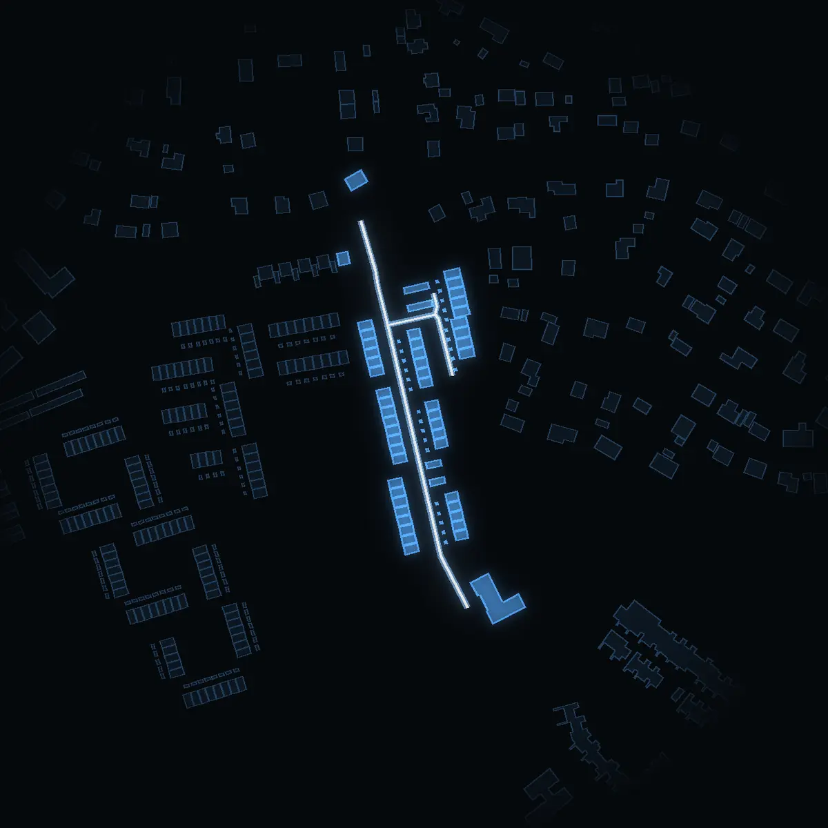 The street at night: Hagkärrsvägen drawn in white, its buildings lit in the colour of their area’s income