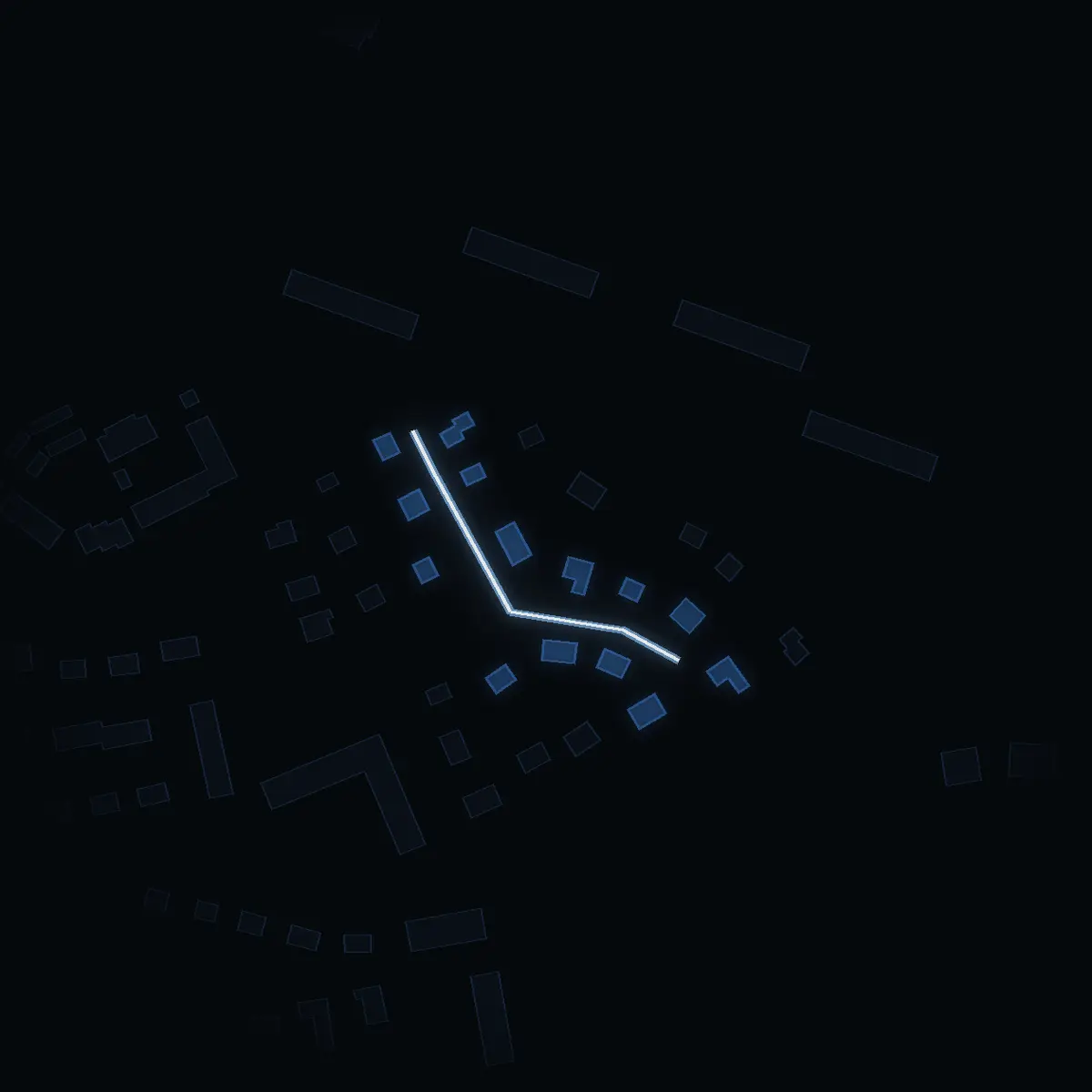 The street at night: Hagtornsvägen drawn in white, its buildings lit in the colour of their area’s income