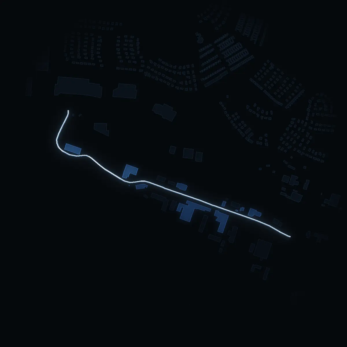 The street at night: Hantverksvägen drawn in white, its buildings lit in the colour of their area’s income