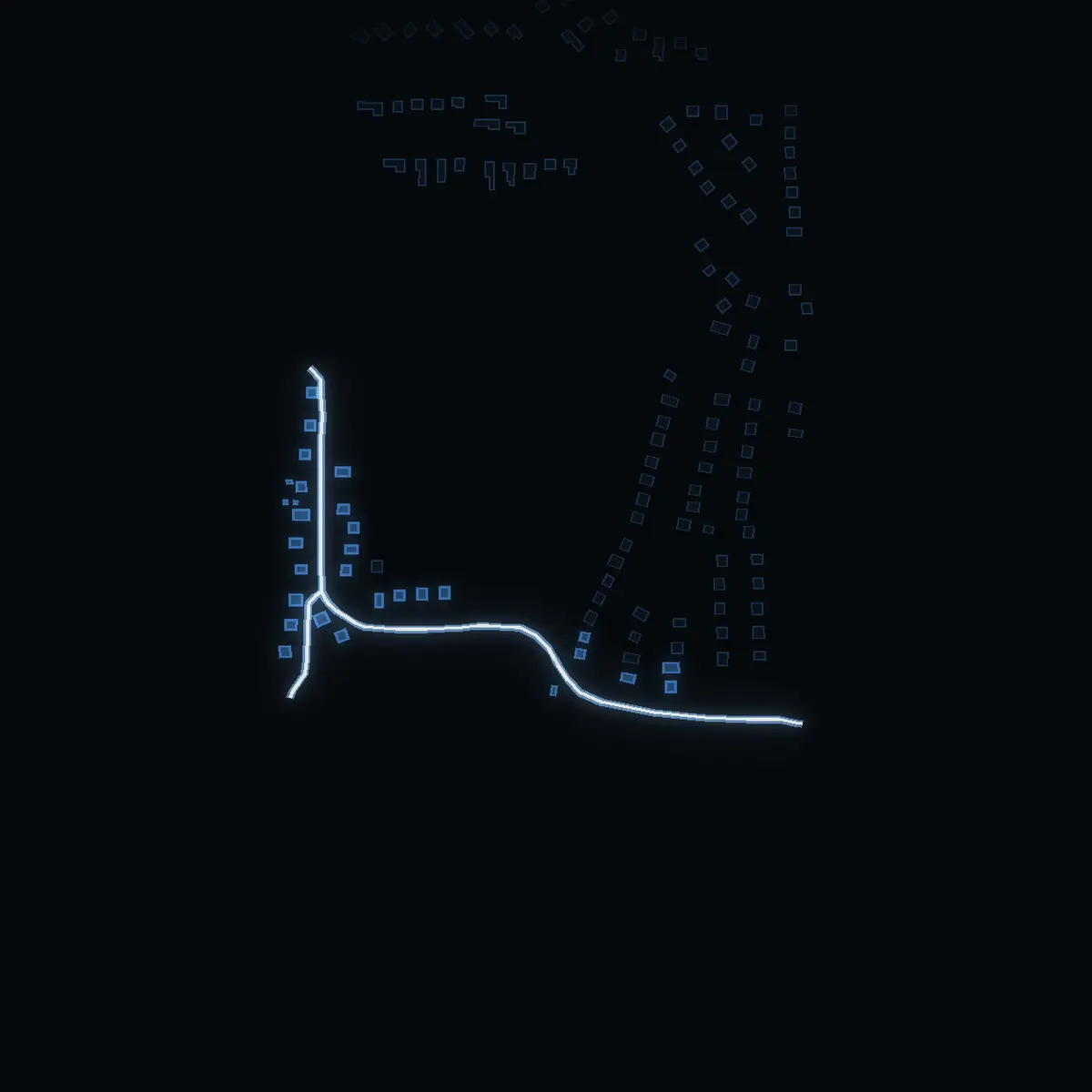 The street at night: Hasselstigen drawn in white, its buildings lit in the colour of their area’s income