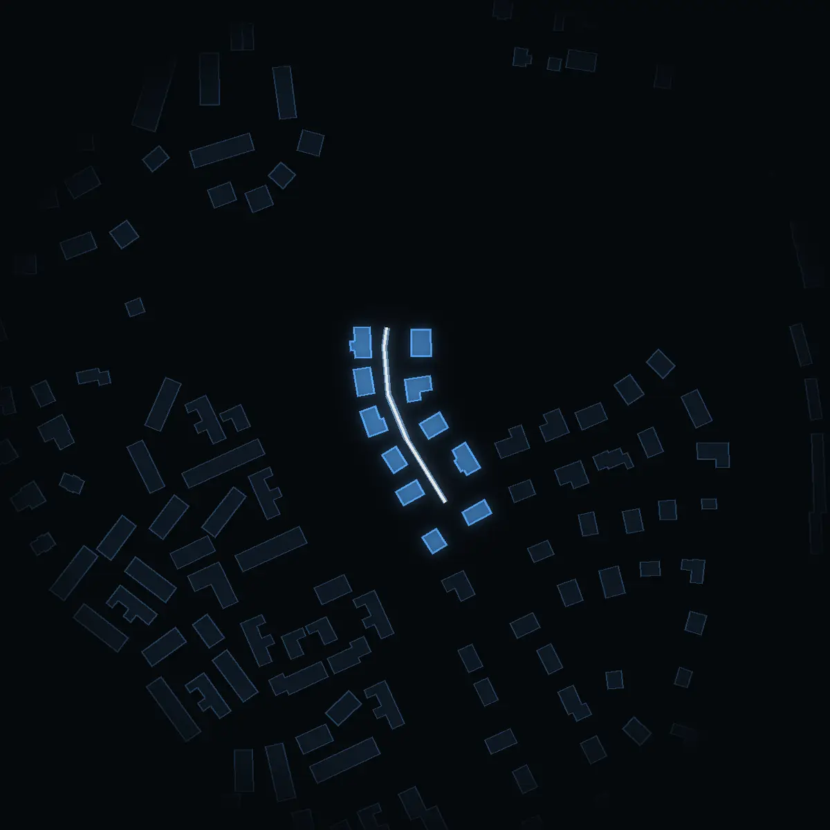 The street at night: Hedåsvägen drawn in white, its buildings lit in the colour of their area’s income