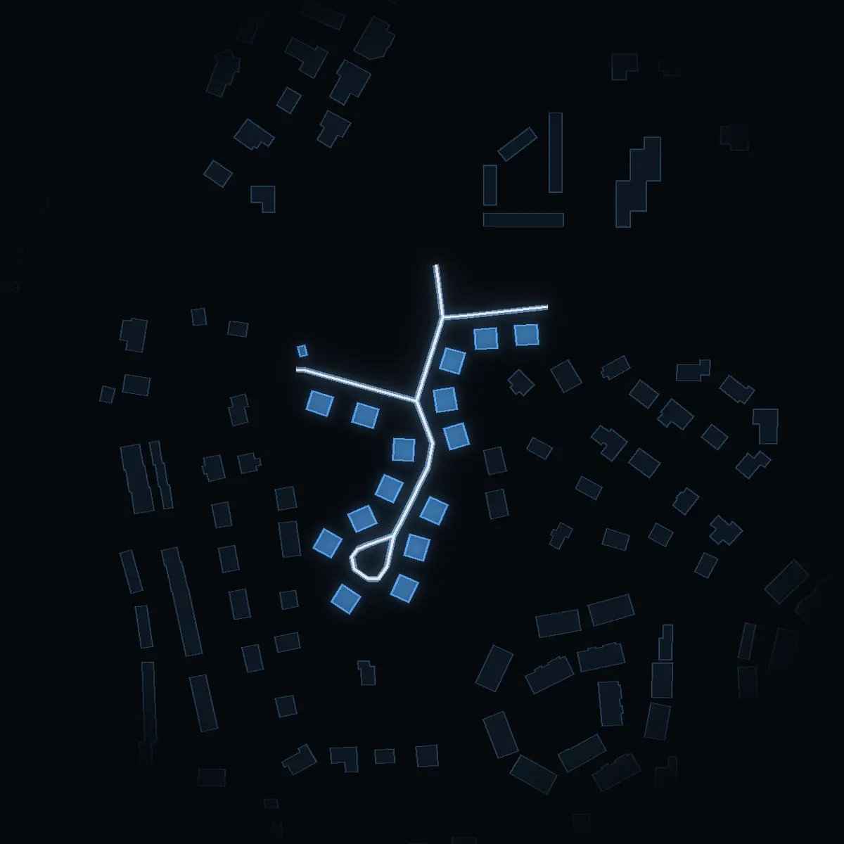 The street at night: Högdalastigen drawn in white, its buildings lit in the colour of their area’s income