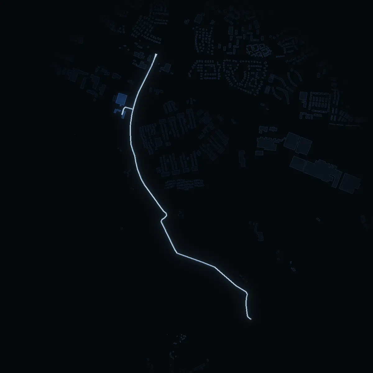The street at night: Hovsjövägen drawn in white, its buildings lit in the colour of their area’s income