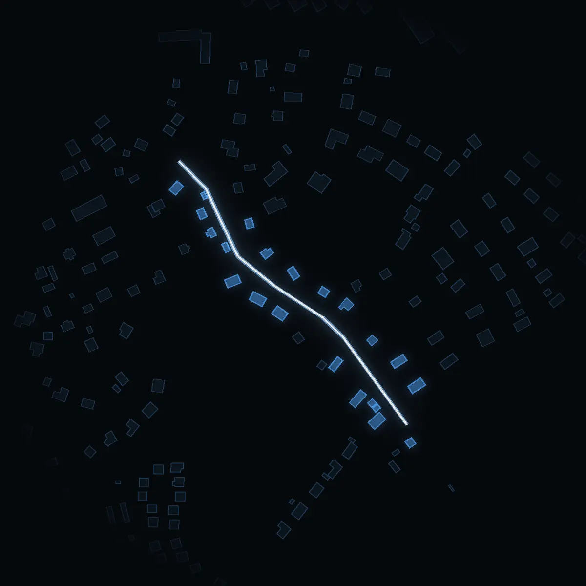The street at night: Idrottsvägen drawn in white, its buildings lit in the colour of their area’s income