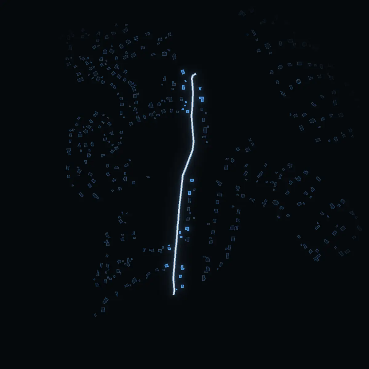The street at night: Isbjörnsvägen drawn in white, its buildings lit in the colour of their area’s income