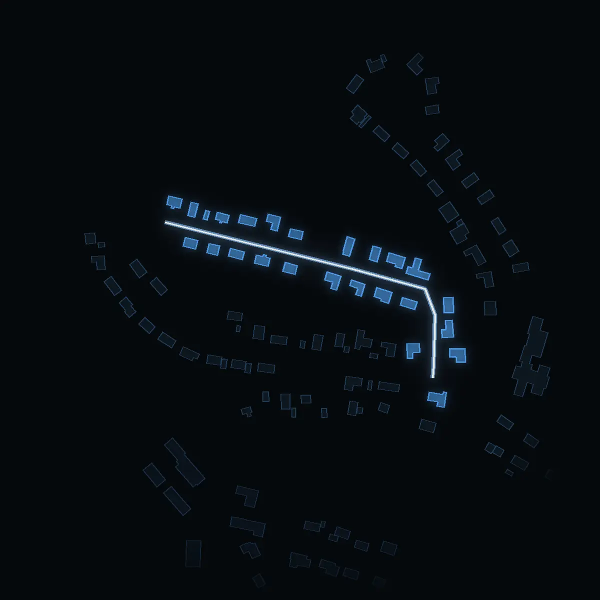The street at night: Jägarvägen drawn in white, its buildings lit in the colour of their area’s income