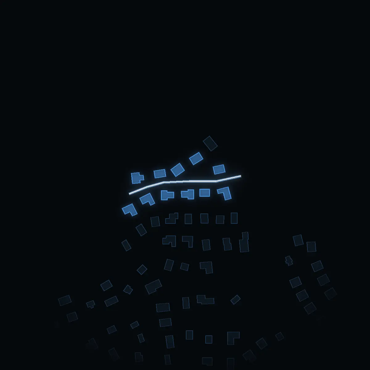 The street at night: Joelsvägen drawn in white, its buildings lit in the colour of their area’s income