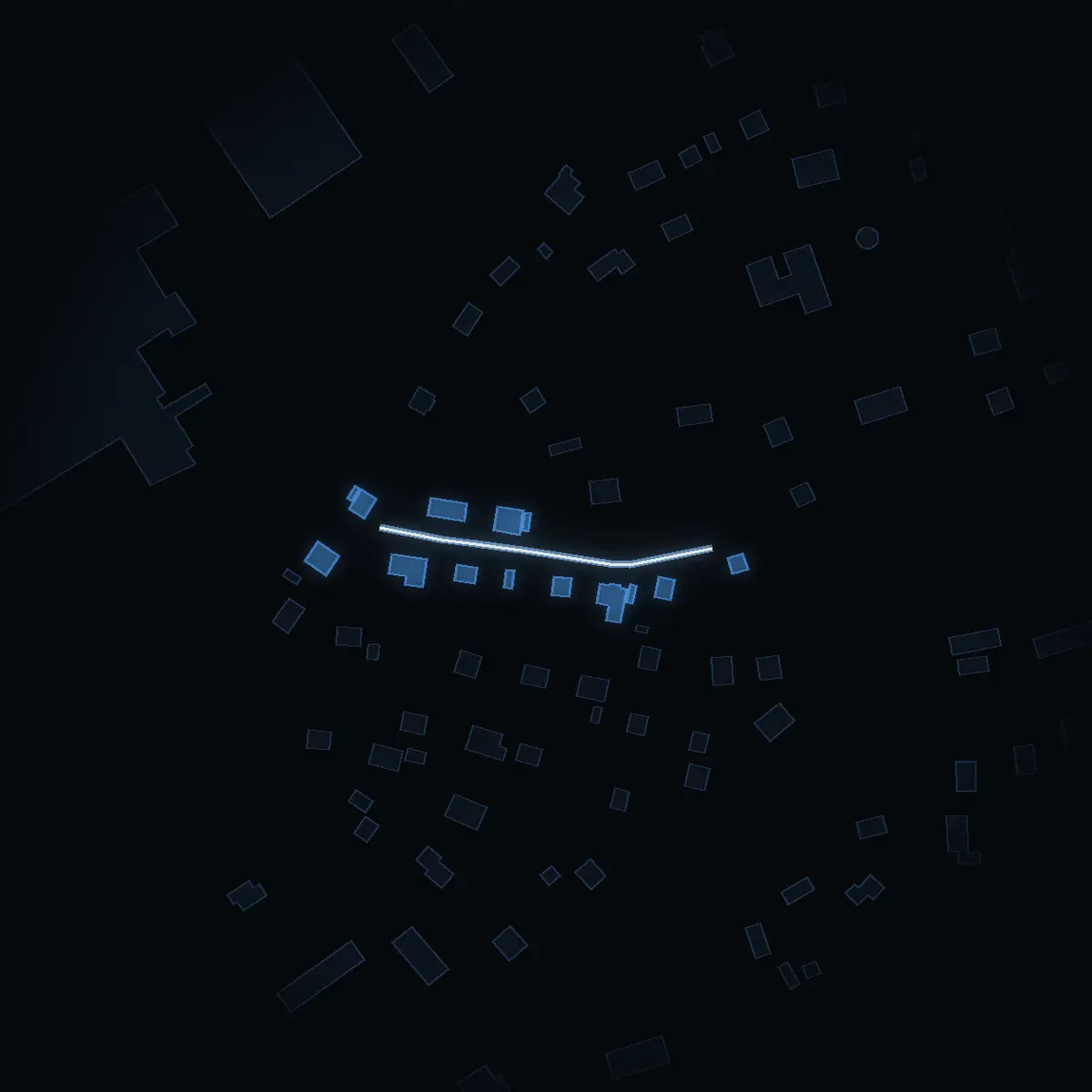 The street at night: Källvägen drawn in white, its buildings lit in the colour of their area’s income