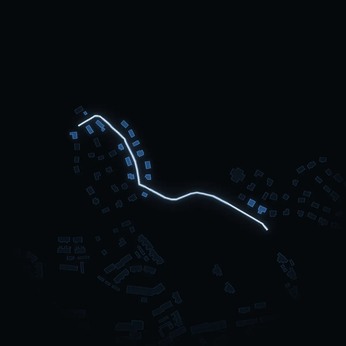 The street at night: Kaxbergsvägen drawn in white, its buildings lit in the colour of their area’s income