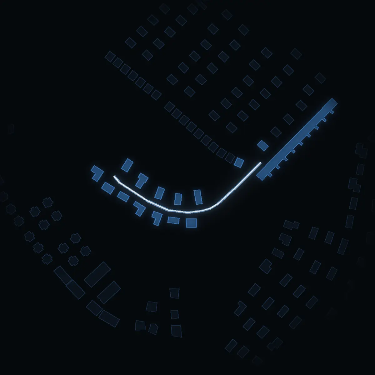 The street at night: Korgbollsvägen drawn in white, its buildings lit in the colour of their area’s income
