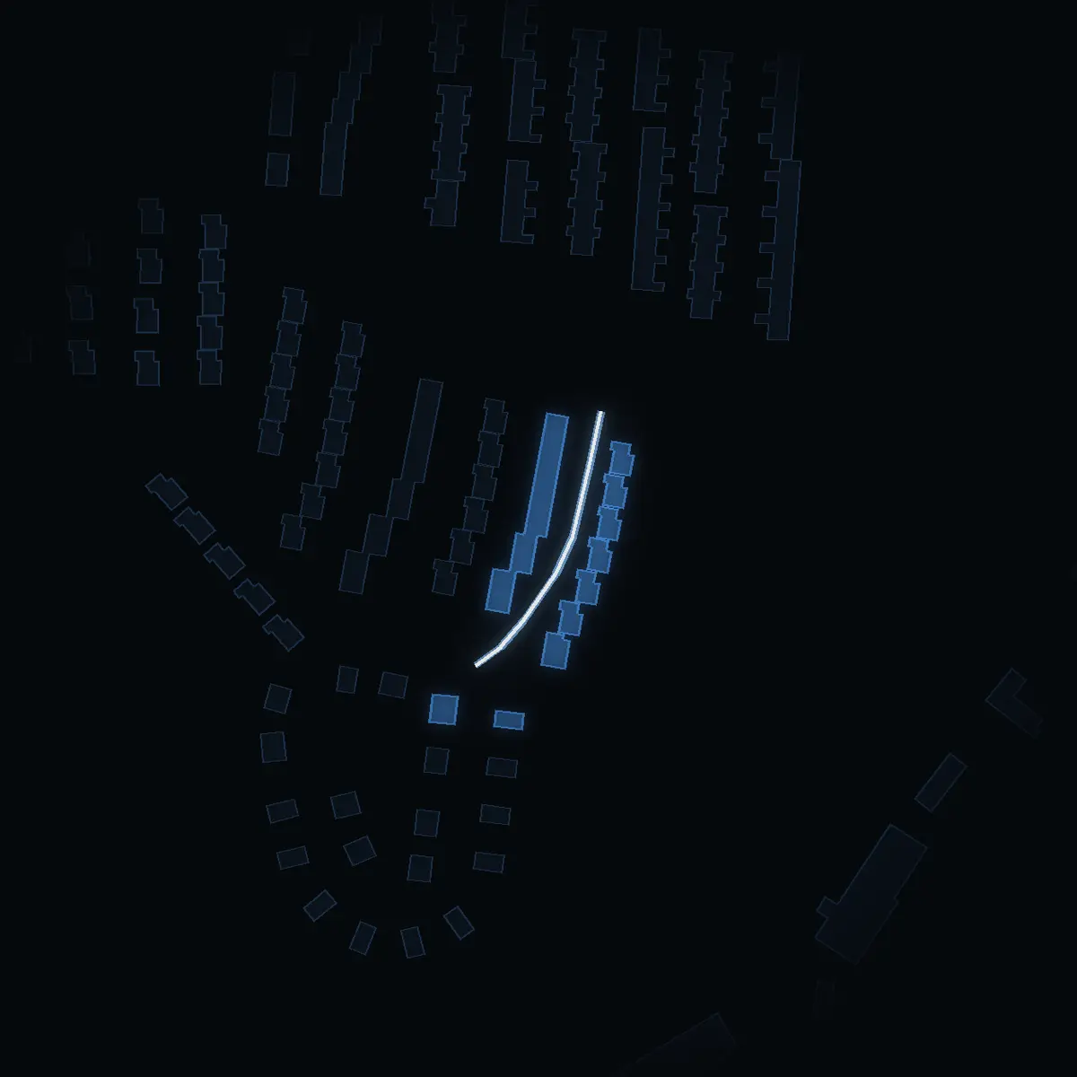The street at night: Krusbärsvägen drawn in white, its buildings lit in the colour of their area’s income
