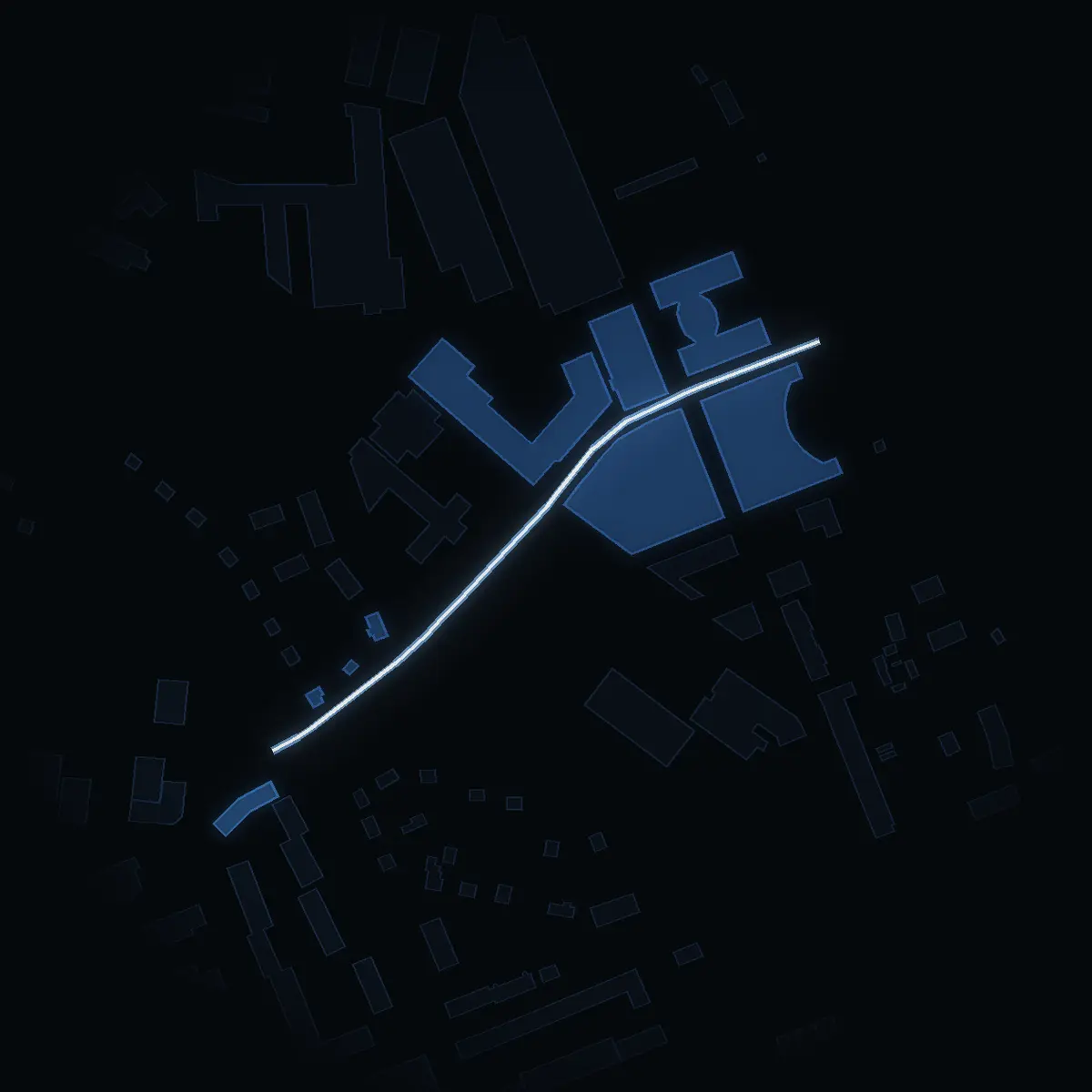The street at night: Kvarnbergagatan drawn in white, its buildings lit in the colour of their area’s income