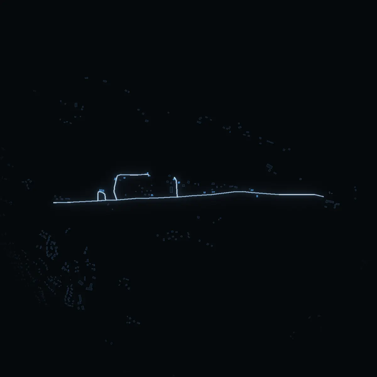 The street at night: Ladviksvägen drawn in white, its buildings lit in the colour of their area’s income