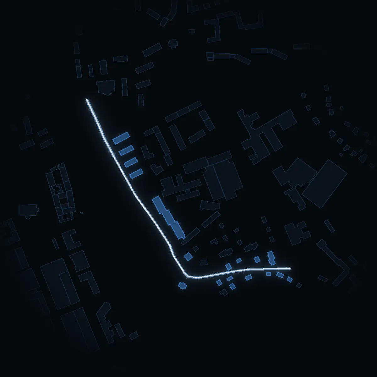 The street at night: Lagmansvägen drawn in white, its buildings lit in the colour of their area’s income