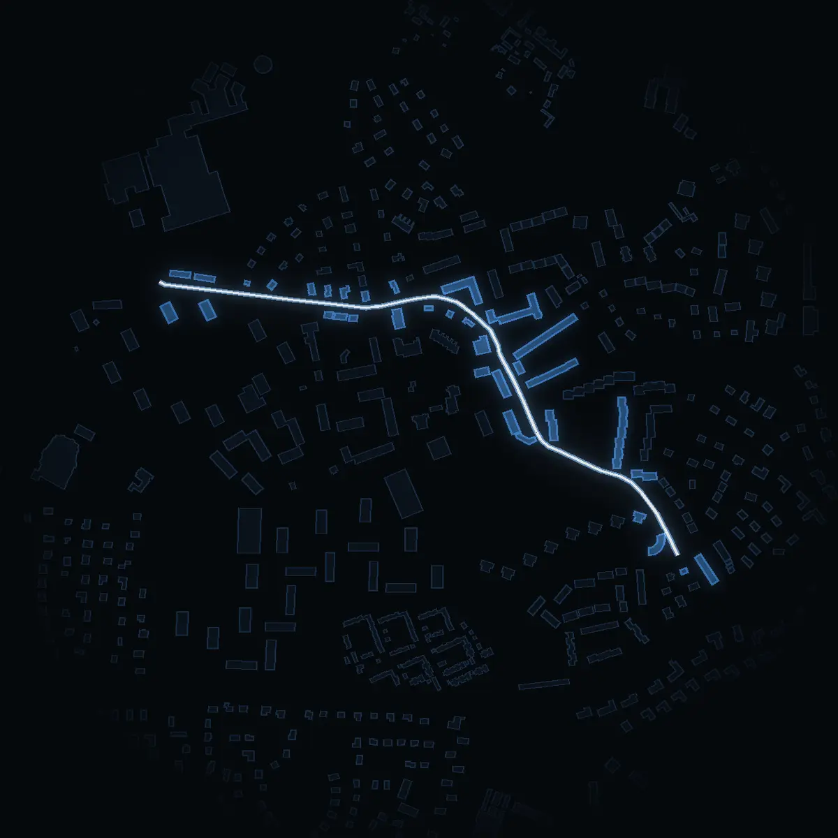 The street at night: Liljevalchsgatan drawn in white, its buildings lit in the colour of their area’s income