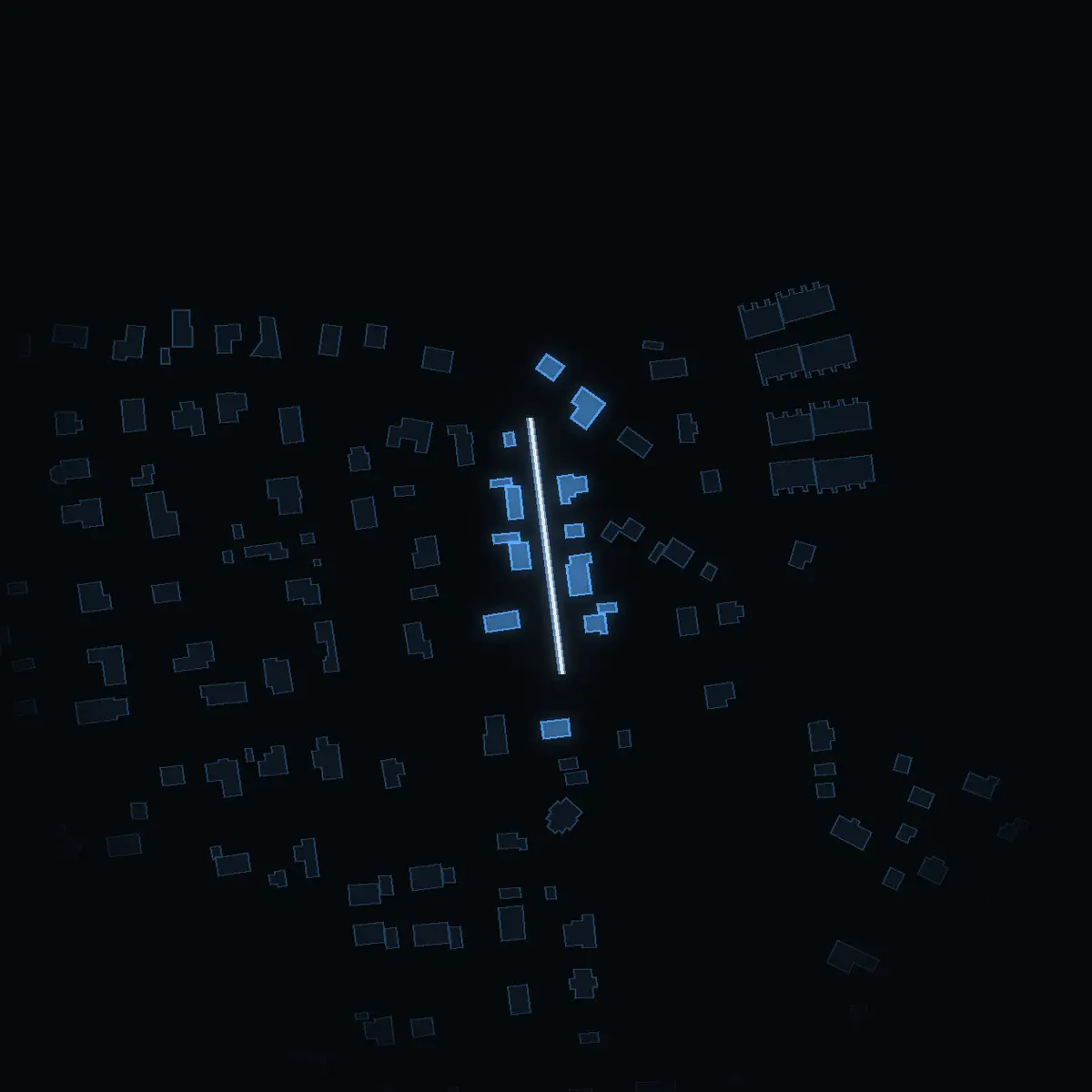 The street at night: Lillbergavägen drawn in white, its buildings lit in the colour of their area’s income