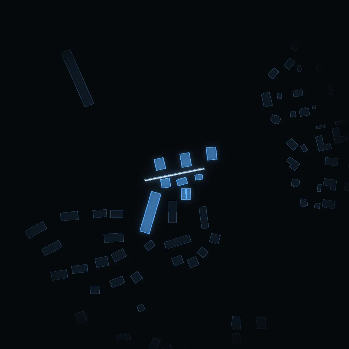 The street at night: Lingonstigen drawn in white, its buildings lit in the colour of their area’s income
