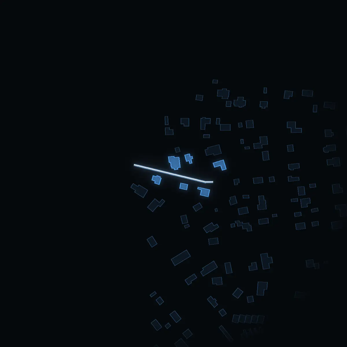 The street at night: Lövstalundsvägen drawn in white, its buildings lit in the colour of their area’s income