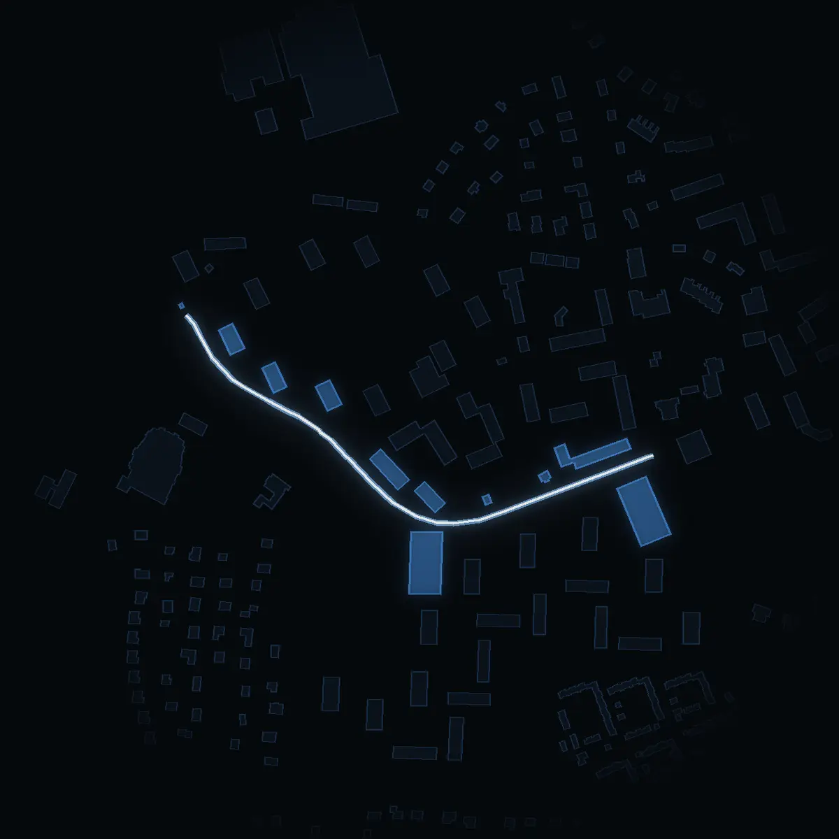 The street at night: Lundbygatan drawn in white, its buildings lit in the colour of their area’s income