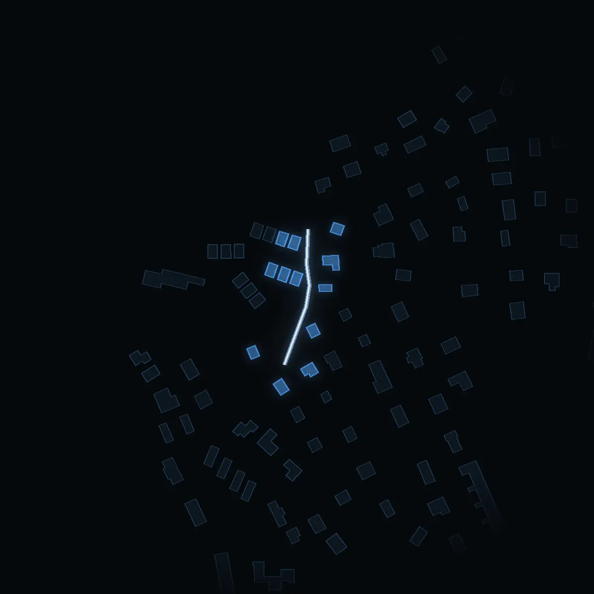The street at night: Mikaelsgränd drawn in white, its buildings lit in the colour of their area’s income