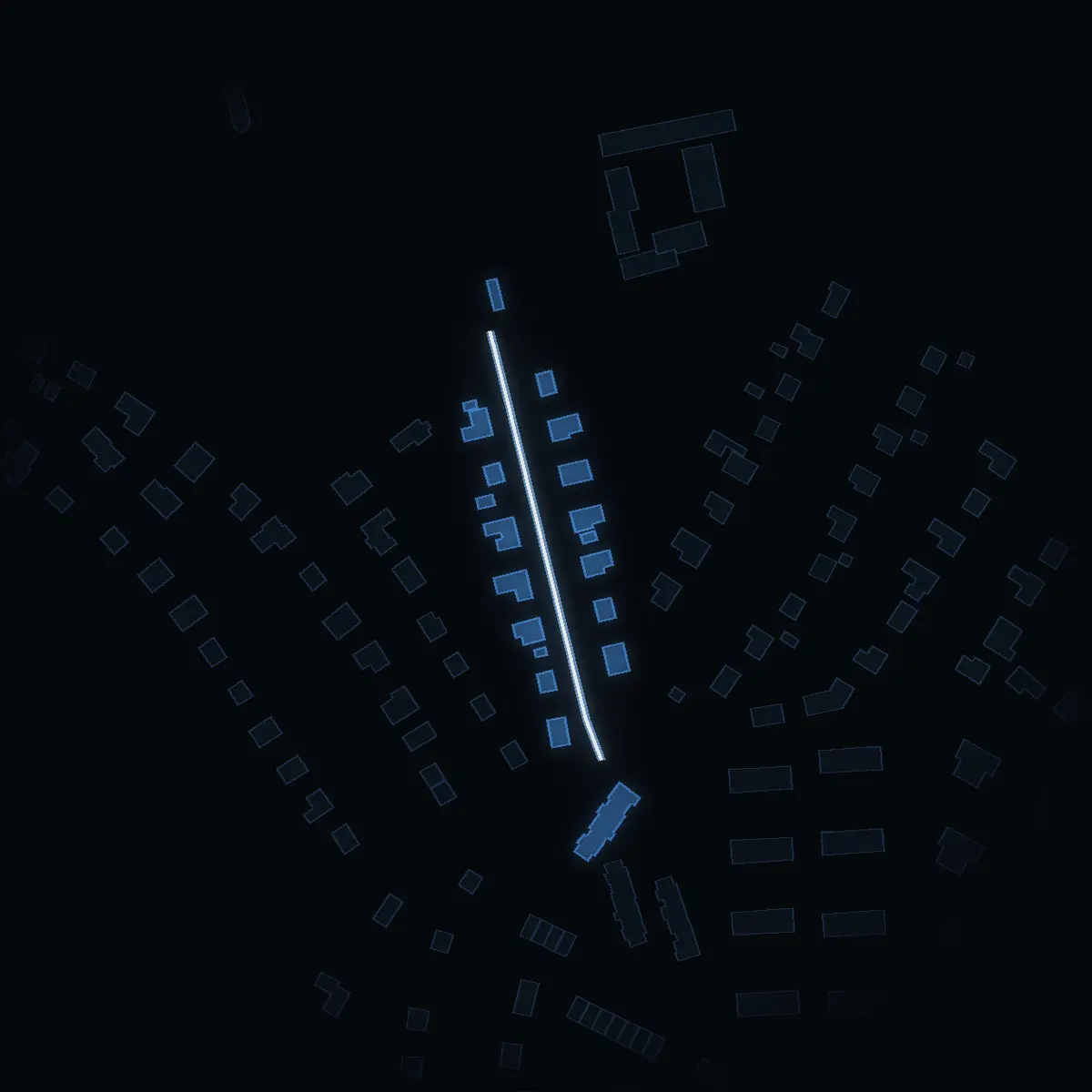 The street at night: Minnesvägen drawn in white, its buildings lit in the colour of their area’s income