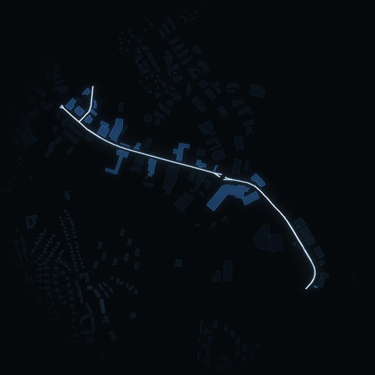 The street at night: Morabergsvägen drawn in white, its buildings lit in the colour of their area’s income