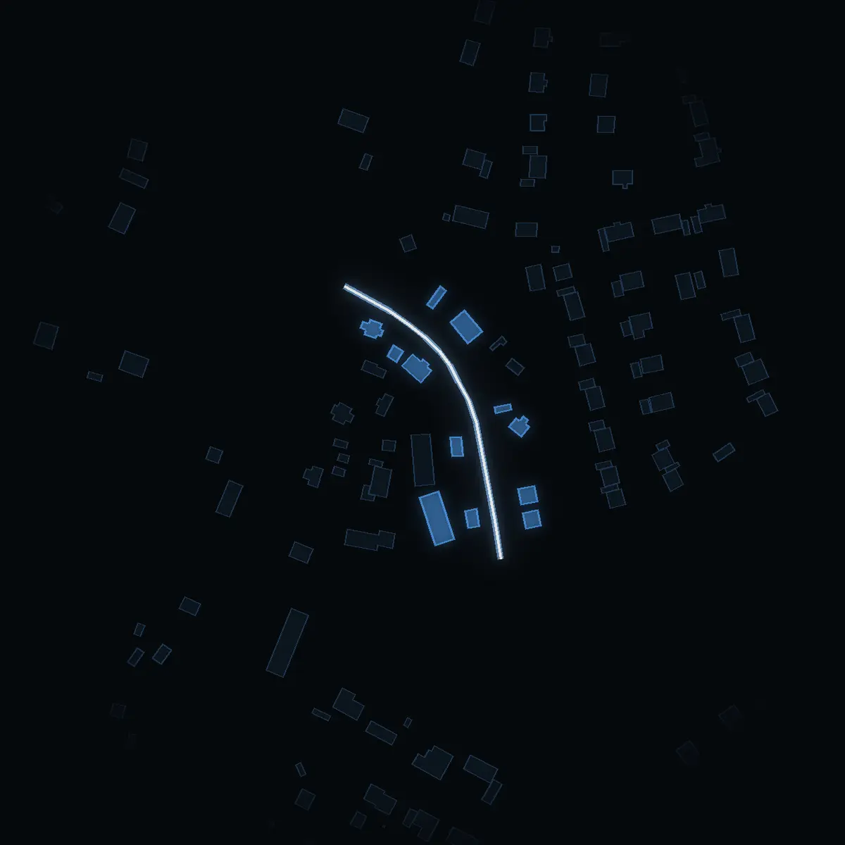 The street at night: Nyhemsvägen drawn in white, its buildings lit in the colour of their area’s income