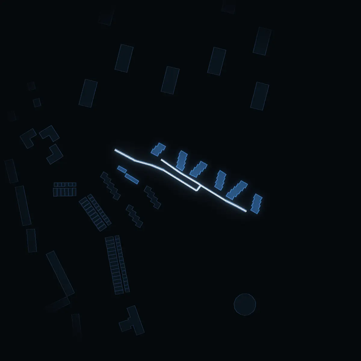 The street at night: Österhöjdsvägen drawn in white, its buildings lit in the colour of their area’s income